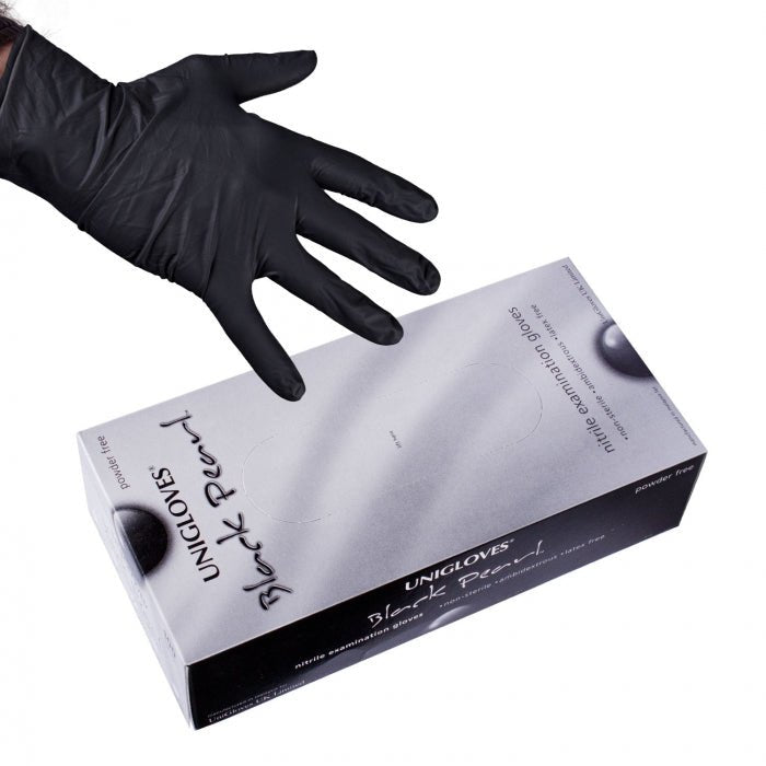 Box of 100 Unigloves Black Pearl Nitrile Gloves - Black Silk Ink