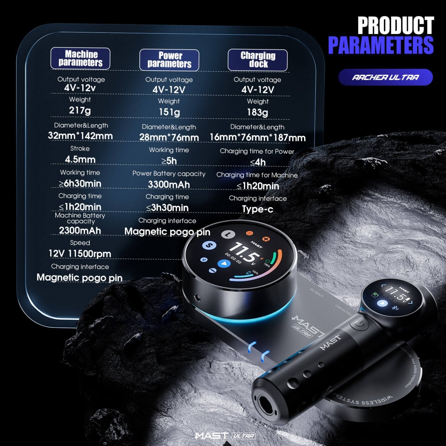 Dragonhawk Mast Archer Ultra Tattoo Machine with Charging Dock - Matte Gray - 4.5mm Stroke - Black Silk Ink