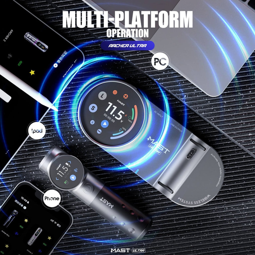 Dragonhawk Mast Archer Ultra Tattoo Machine with Charging Dock - Matte Gray - 4.5mm Stroke - Black Silk Ink