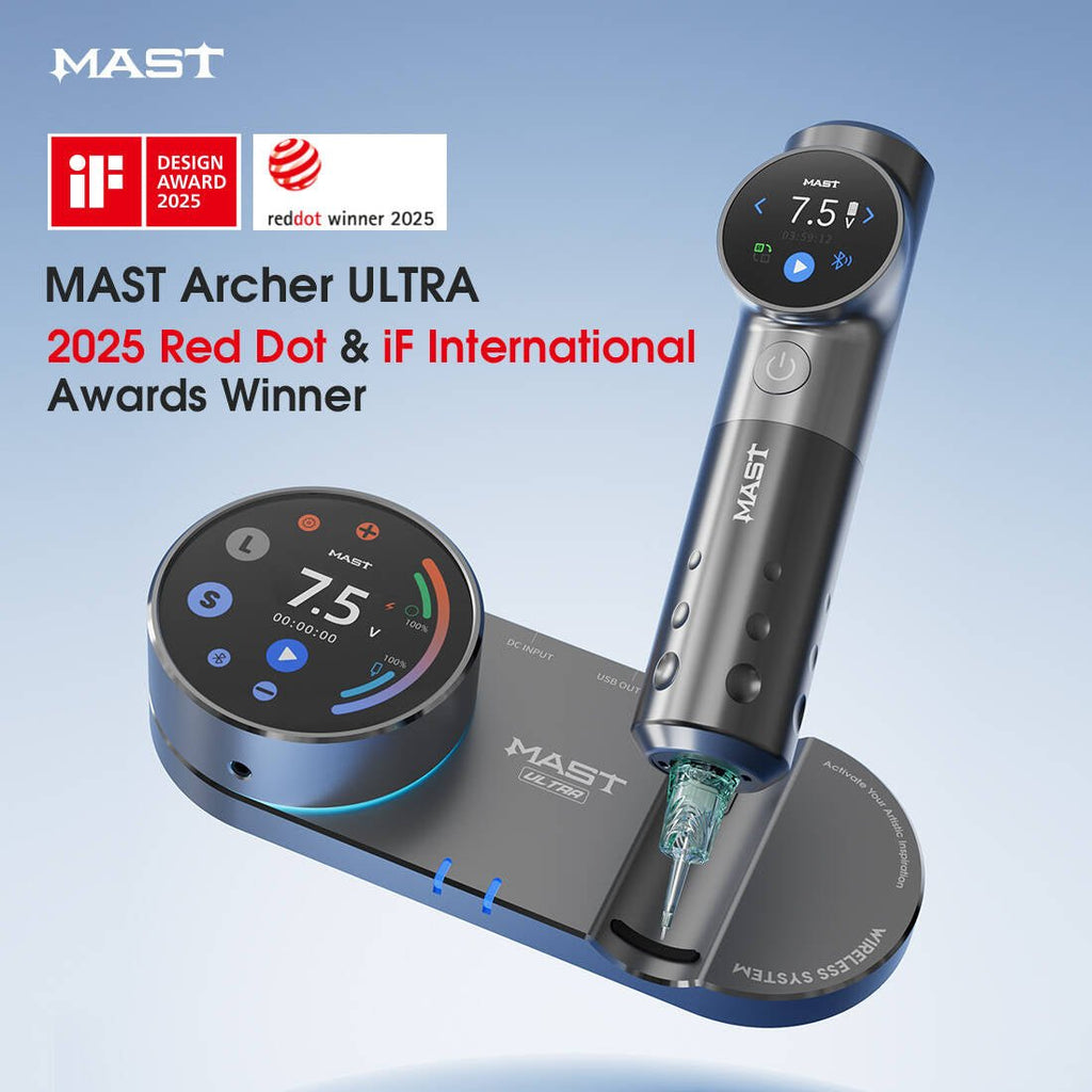 Dragonhawk Mast Archer Ultra Tattoo Machine with Charging Dock - Matte Gray - 4.5mm Stroke - Black Silk Ink