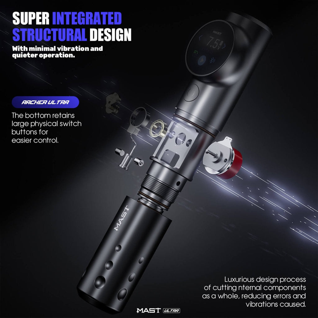 Dragonhawk Mast Archer Ultra Tattoo Machine with Charging Dock - Matte Gray - 4.5mm Stroke - Black Silk Ink