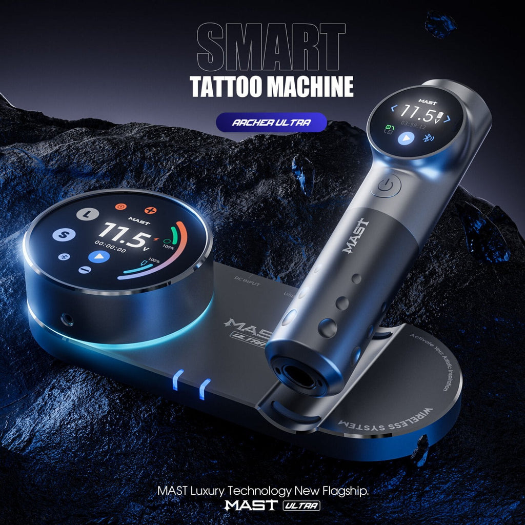 Dragonhawk Mast Archer Ultra Tattoo Machine with Charging Dock - Matte Gray - 4.5mm Stroke - Black Silk Ink