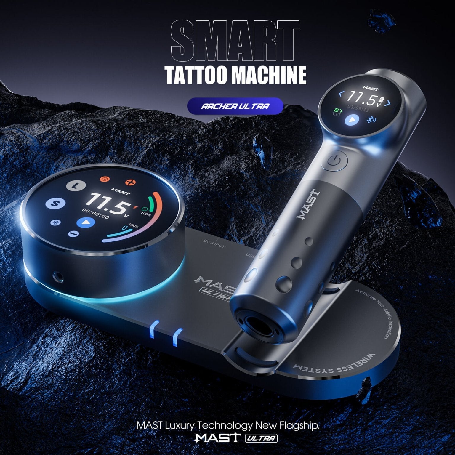 Dragonhawk Mast Archer Ultra Tattoo Machine with Charging Dock - Matte Gray - 4.5mm Stroke - Black Silk Ink