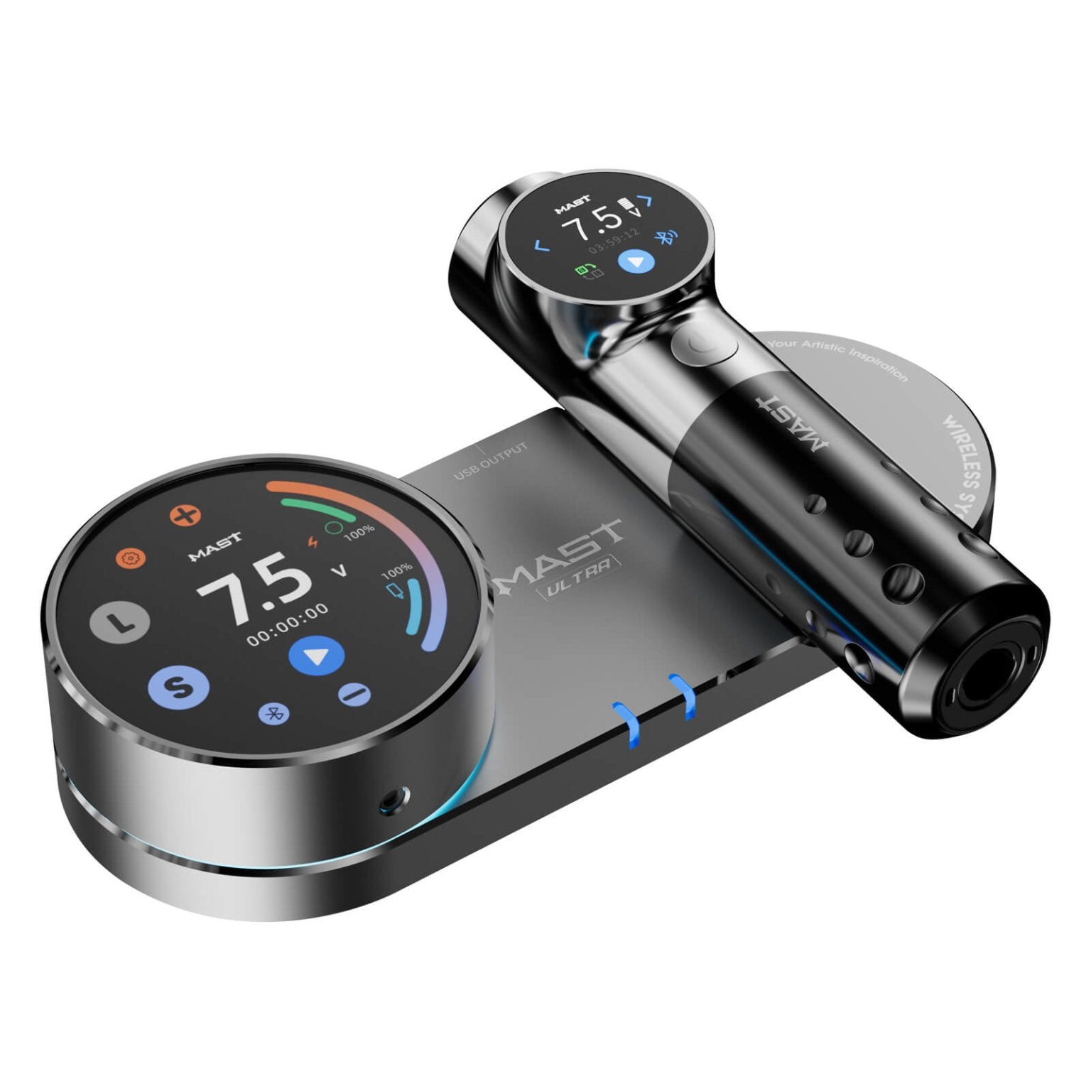 Dragonhawk Mast Archer Ultra Tattoo Machine with Charging Dock - Matte Gray - 4.5mm Stroke - Black Silk Ink