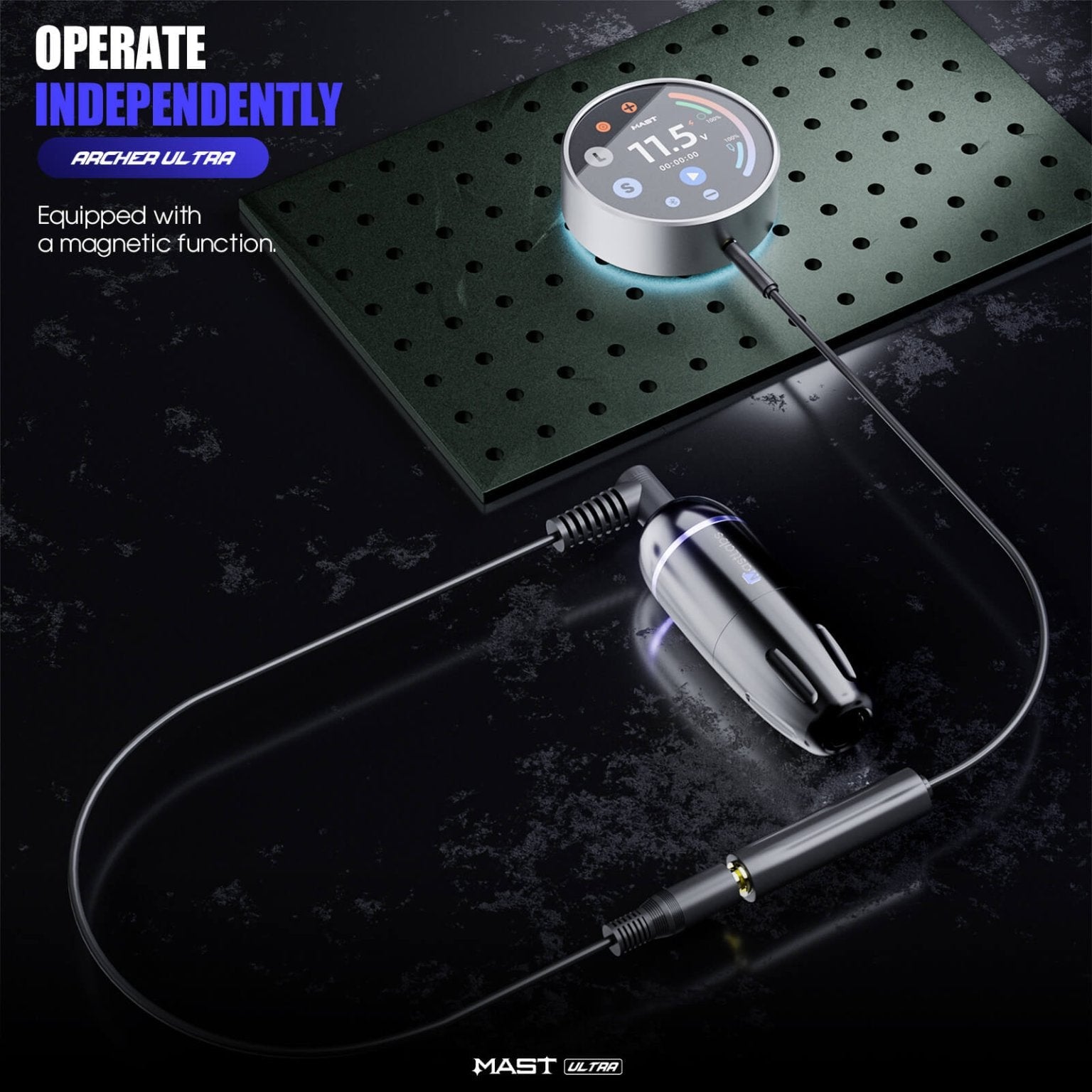 Dragonhawk Mast Archer Ultra Tattoo Machine with Charging Dock - Matte Gray - 4.5mm Stroke - Black Silk Ink