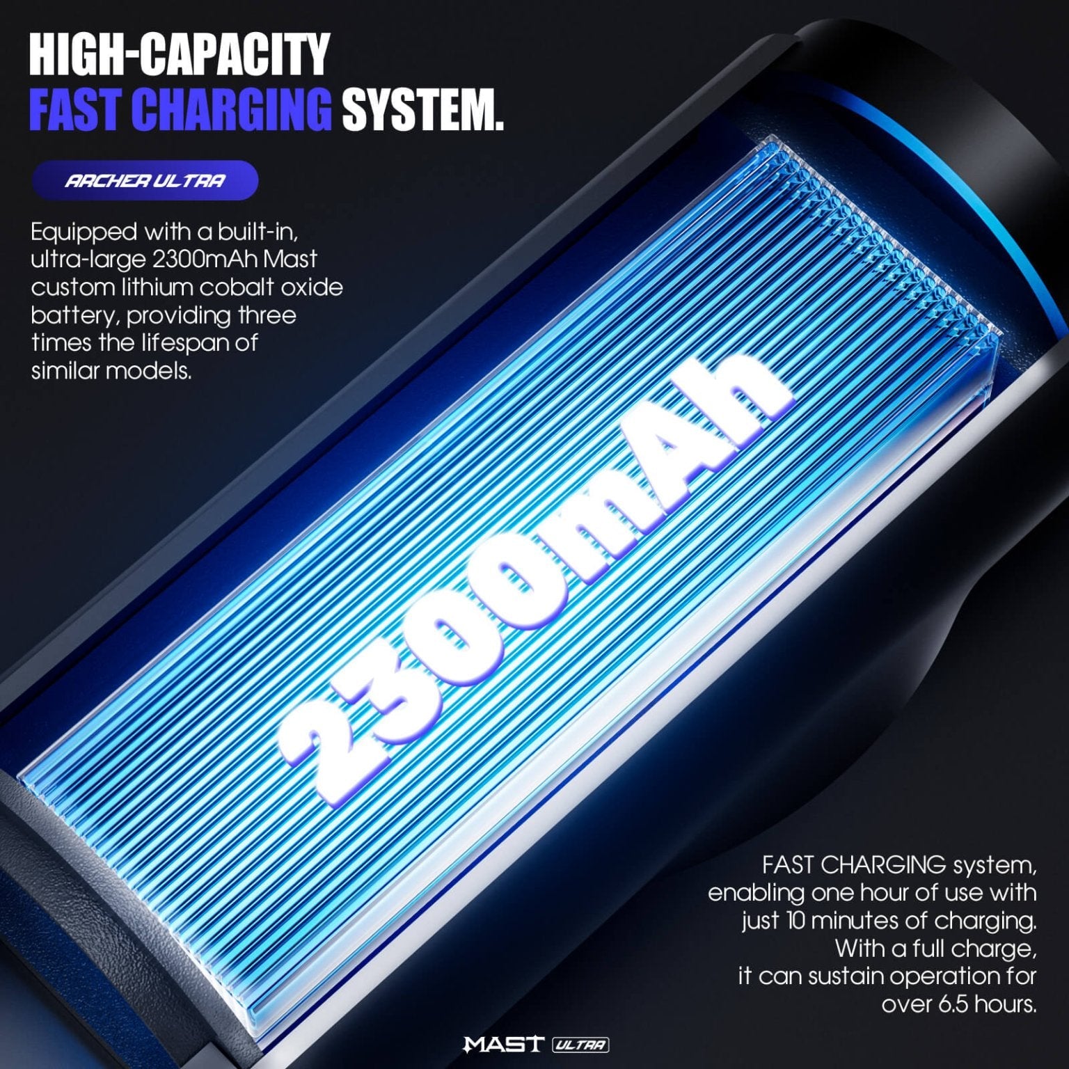 Dragonhawk Mast Archer Ultra Tattoo Machine with Charging Dock - Matte Gray - 4.5mm Stroke - Black Silk Ink