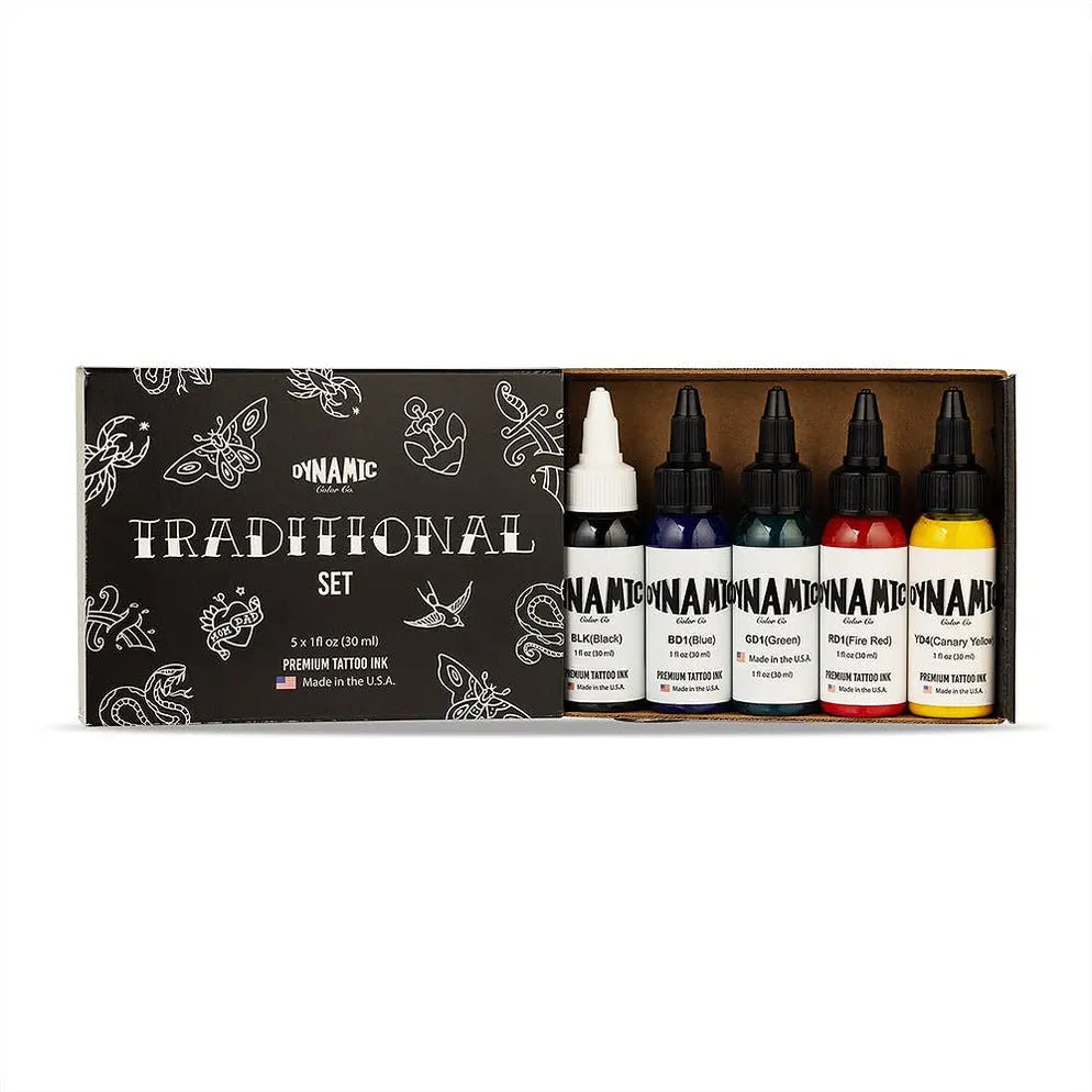 Dynamic Traditional 5 Colour Tattoo Ink Set – 30ml Bottles - Black Silk Ink